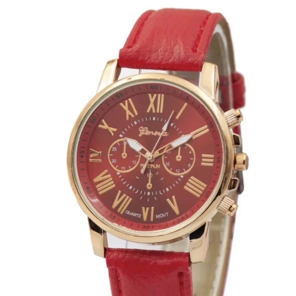 Geneva Women's Watch with Red Dial and Gold Accents